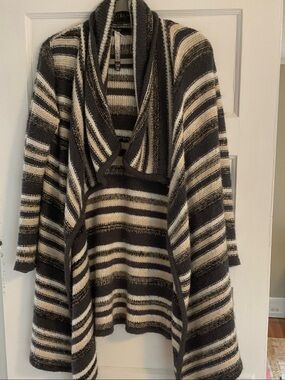 Kensie Striped Open-Front Cardigan in Black, Cream, and Gray